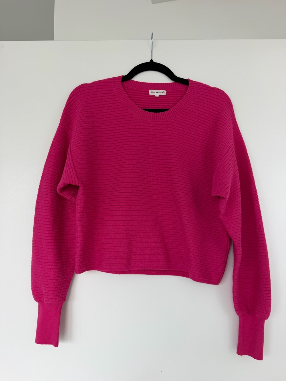 Good American Bright Pink Ribbed Crewneck Sweater